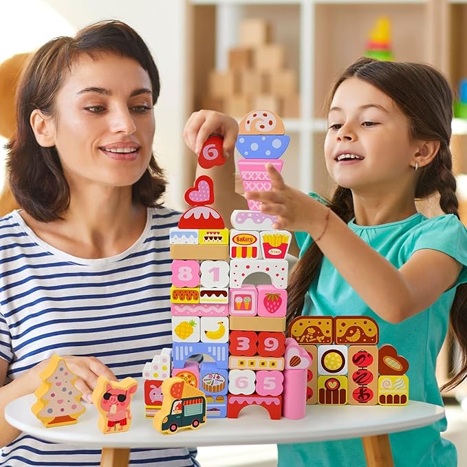 Vileafy Wooden Ice Cream Toy for 3 Year Old Birthday Gift– 116PCS Montessori Building Blocks for Toddlers – Pink Pretend Play Set & Stacking Toys for Girls Quiet Time & Family Play