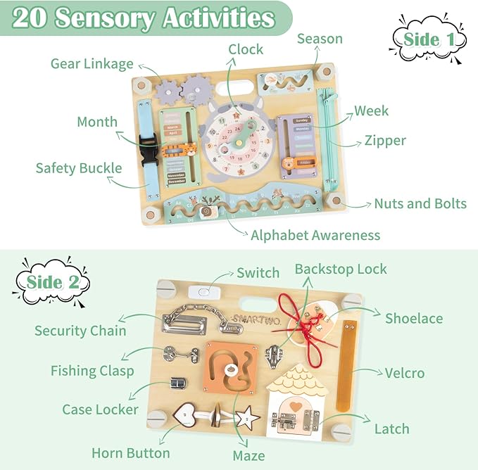 Double-Sided Wooden Busy Board for Toddlers, Sensory Activity Board, Montessori Travel Toy for Kids Age 3-5, Educational Toy for Autism, Ideal Choice for Baby Girls or Boys Birthday
