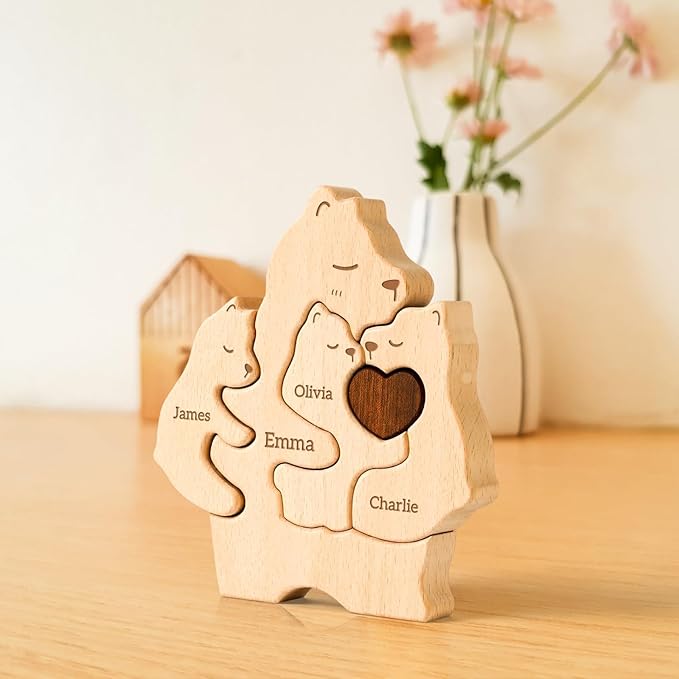 Wooden Mommy Bears Family Puzzle, Personalized Puzzles with 2–5 Names, Father's Day Personalized Gifts for Dad Mom Kids Teen Boys Girls Grandma, Toddler Men Birthday Mother's Day Decorations