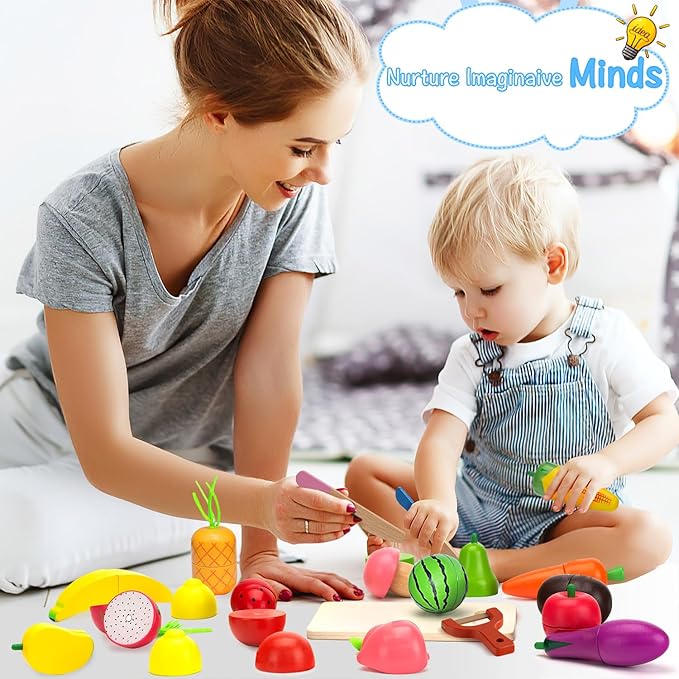 Wooden Play Food Sets for Kids Kitchen - Cutting Fruits and Veggies Toddler Toys Pretend Food Play Kitchen Accessories Montessori Educational Toys Gifts for Kids Boys Girls 3+