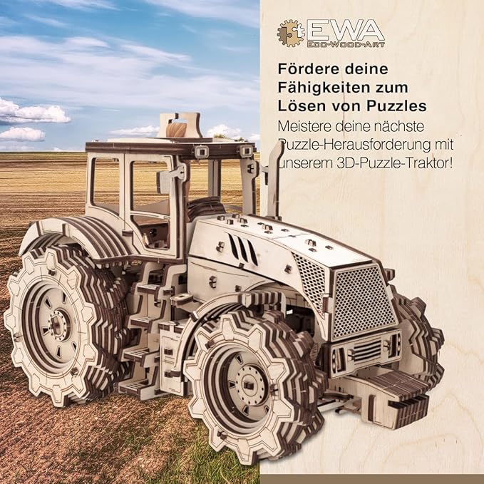 EWA 3D Mechanical Wooden Model - DIY Tractor with Start-Stop System, Inline-Six Engine & More - 3D Wooden Puzzle for 15 yrs Above & Adults - Eco Wood Art, 596 Piece