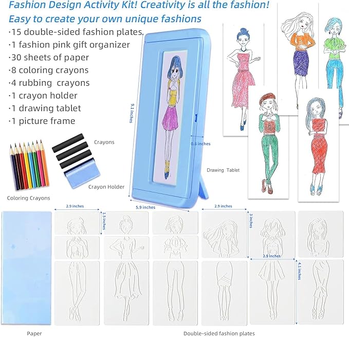 Kids Fashion Design Drawing Kit, 15 Double-Sided Rubbing Plates, Texture Art Set with Crayons, Colored Pencils, Paper & Frame, STEM Toys for Girls & Boys Ages 5+, Travel Art Supplies, Birthday Gift