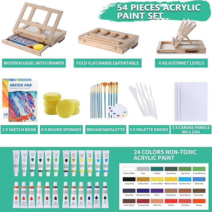 54 Pieces Acrylic Paint Set with Tabletop Easel Stand, Complete Starter Painting Art Supplies with Acrylic Paints, Canvases, Sketch Pads, Brushes and Palette for Adults Teens Kids Beginners