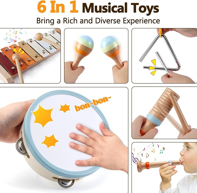 Baby Musical Instruments - Montessori Musical Toys for Toddlers 1-3, Wooden Percussion Instruments Set, Neutral Colors Modern Boho Music Toys for 1 Year Old, Kids Preschool Educational Birthday Gifts