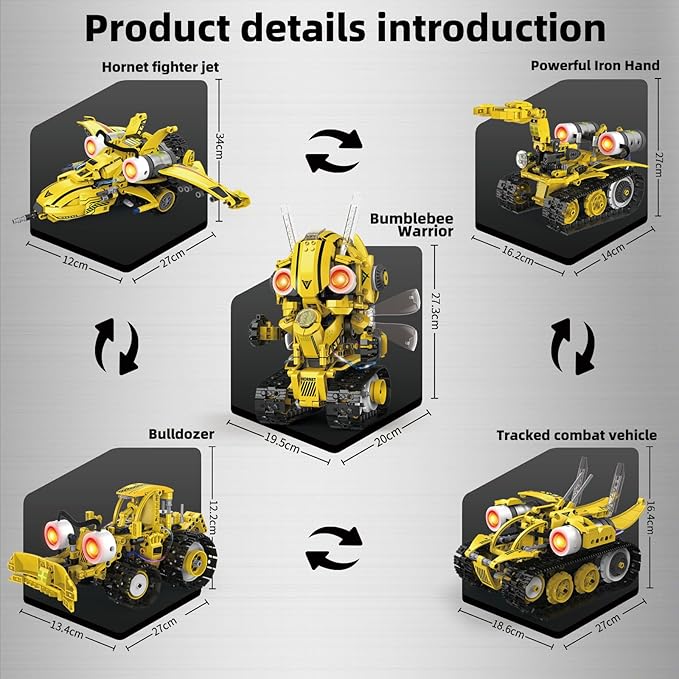 STEM Building Toys for Kids 6-14，5-in-1 Remote & App Controlled Construction Bumblebee Warrior/Powerful Iron Hand/Bulldozer/Hornet Jet/Tracked Vehicle，673 Pcs Building Blocks Set for Boys Girls