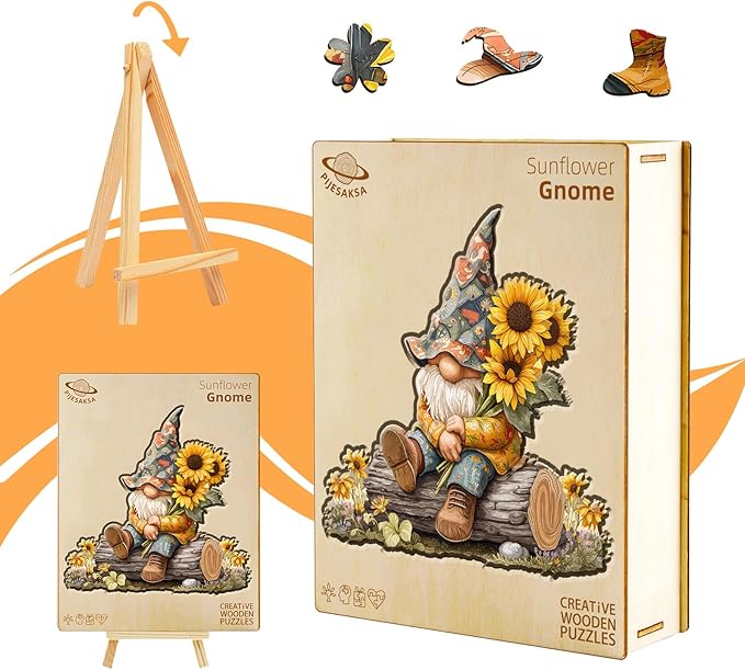 Wooden Puzzles for Adults, Sunflower Gnome Wooden Jigsaw Puzzle for Adults, Colorful Flowers Wood Puzzles Adult, Unique Shape, Fun Presents for Friends, Wall Art Home Decor(S -8.3 * 8.5in-102 pcs)