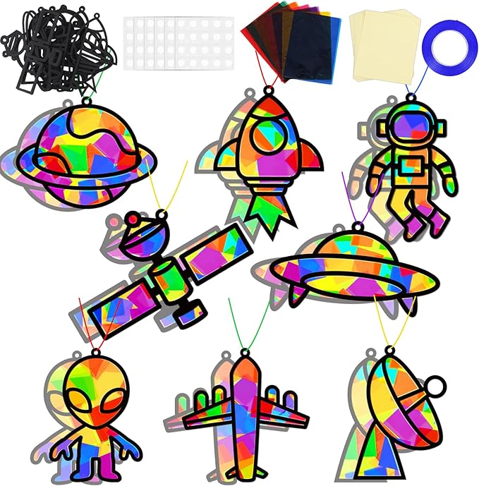 32 Sets Outer Space Suncatchers Craft Kit DIY Window Stained Glass Effect Planet Astronaut Alien Paper Crafts Home School Classroom Decoration Kid Birthday Gift Creative Art Project Activity Game