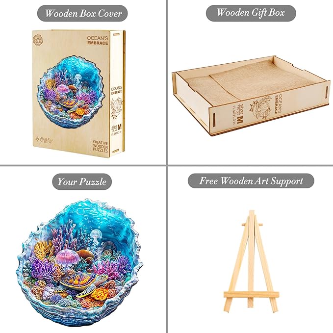 KAAYEE Wooden Puzzles for Adults, 3D Visual Effect Ocean's Embrace Turtle Wooden Jigsaw Puzzle Unique Shape Wood Puzzle Adult, 3D Effect Flat Puzzle Birthday Family Games (S-8.5 * 8.4in-90pcs)