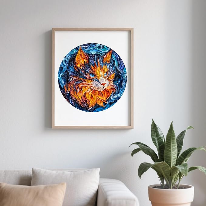 Wooden Puzzles for Adults - Flame Cat Wood Puzzles Adult - Unique Animal Shape Wooden Jigsaw Puzzles for Adults - Birthday Gifts for Puzzle Lovers, Family (11.4 * 11.3in)