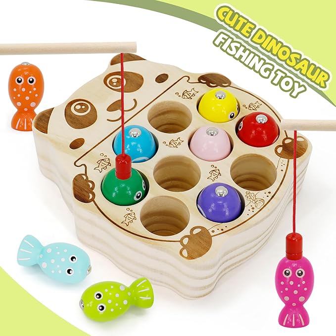 Wooden Magnetic Fishing Game, Panda Magnetic Fishing Toy for Kids 3-5, Montessori Preschool Education Learning Color Sorting Fine Motor Skill for Toddlers
