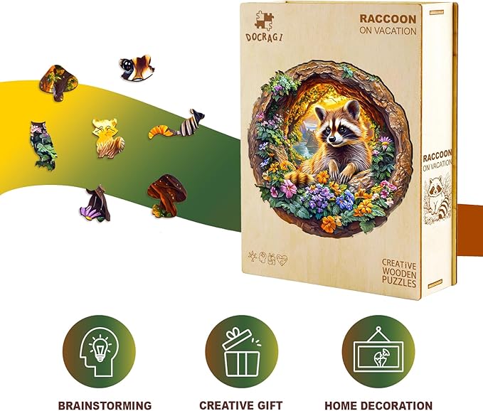 Wooden Puzzles for Adults - Raccoon on Vacation Wooden Jigsaw Puzzle - Unique Animal Shaped Wood Puzzles Adult - Christmas Birthday Gifts for Adults/Friends/Family - 295pcs 13.4 * 13.3in