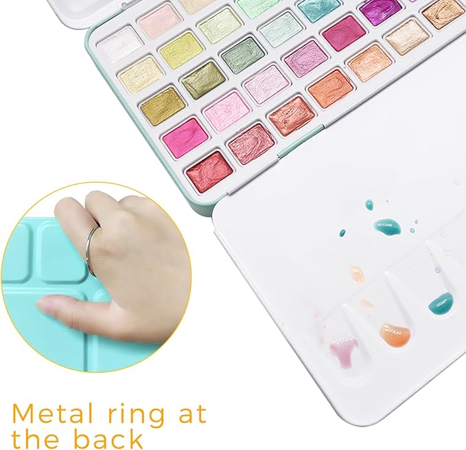 Artecho Metallic Watercolor Paints, 50 Glitter Watercolor Paint Set, Water Colors Paint Adult Set with Bottom Ring for Easy Holding, Ideal for Amateur Hobbyists, Painting Lovers and Artists