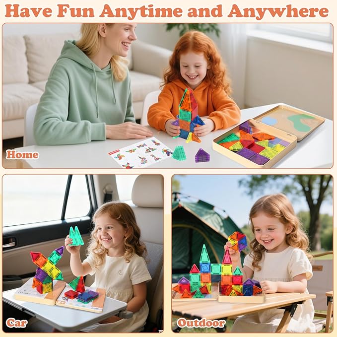 60 PCS Mini Magnetic Tiles, Travel Magnetic Tiles Magnetic Building Blocks with Iron Box, Portable Travel Toys for Kids Ages 4-8, STEM Learning Educational Construction Travel Toys for Toddlers 3+