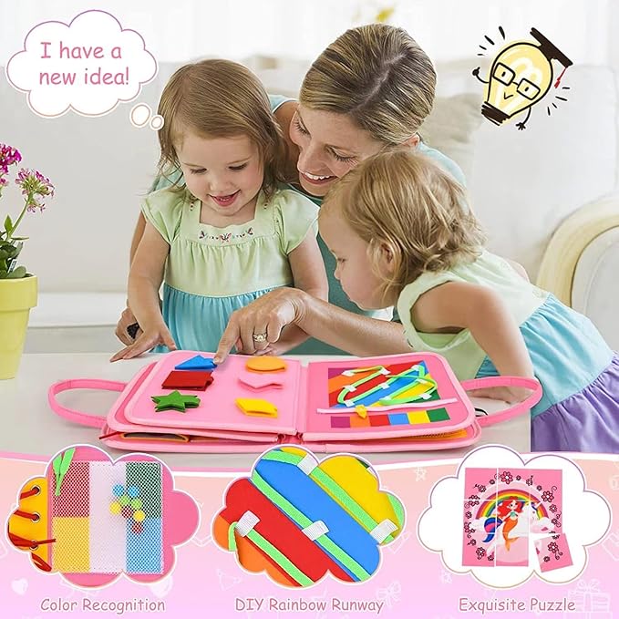 Busy Board for 1 Year Old Sensory Toys for Toddlers 1-3 Montessori Learning Busy Book for Boys Girls Preschool Toys Gift (Pink)