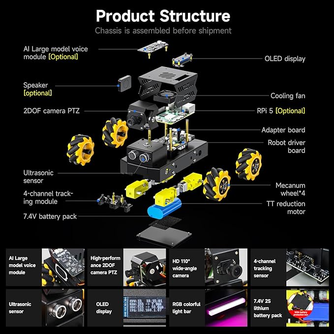 Yahboom AI Vision Robot Pi5-16GB with 2DOF HD Camera Mecanum Wheels Support Python Progamming Open Source DIY Robot Kit for 16+ Teens (with RPi 5-16GB)