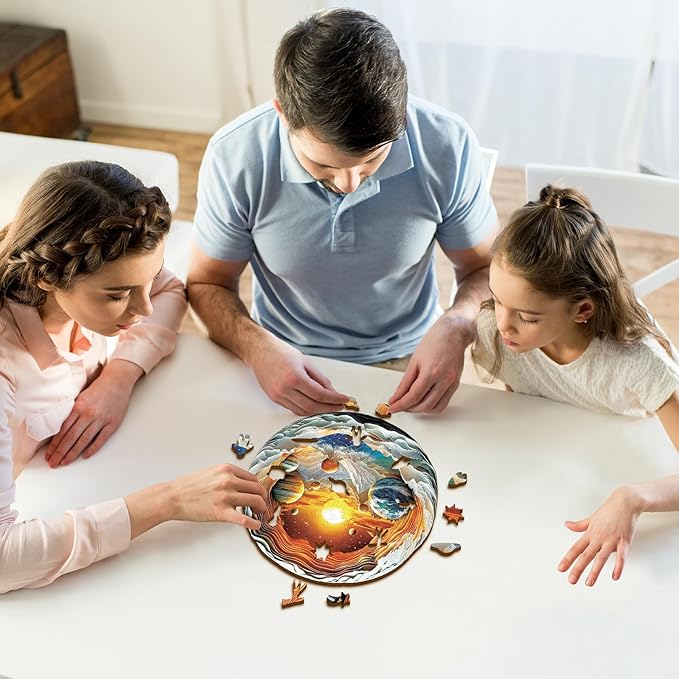 Wooden Puzzles for Adults 192 Pices, 3D Solar System Planet Wooden Jigsaw Puzzle, Flat Puzzels with 3D Visual Effect, Solar System Planet Irregular Jigsaw Puzzles, Finished Puzzle Size is 11 x 10.8in