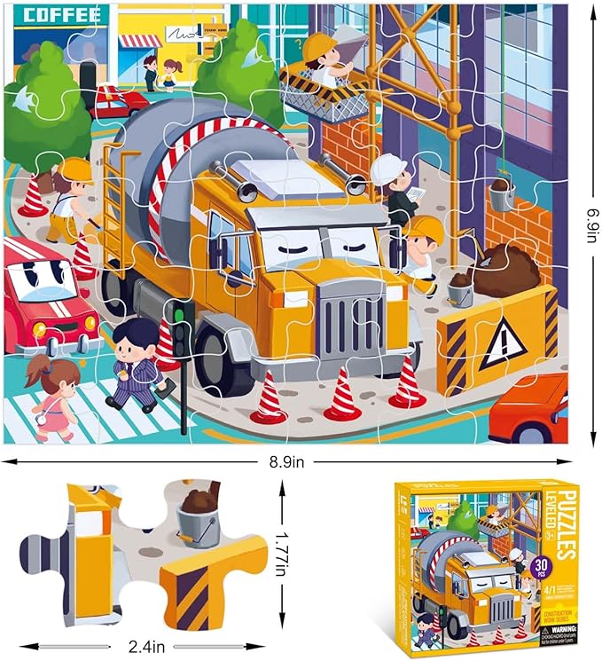 Puzzles for Kids Ages 3-6 Year Old,30pcs Jigsaw Puzzles for Toddlers & Children Ages 4-6，Educational Floor Puzzles with Storage Box for Gifts(Cement Truck)