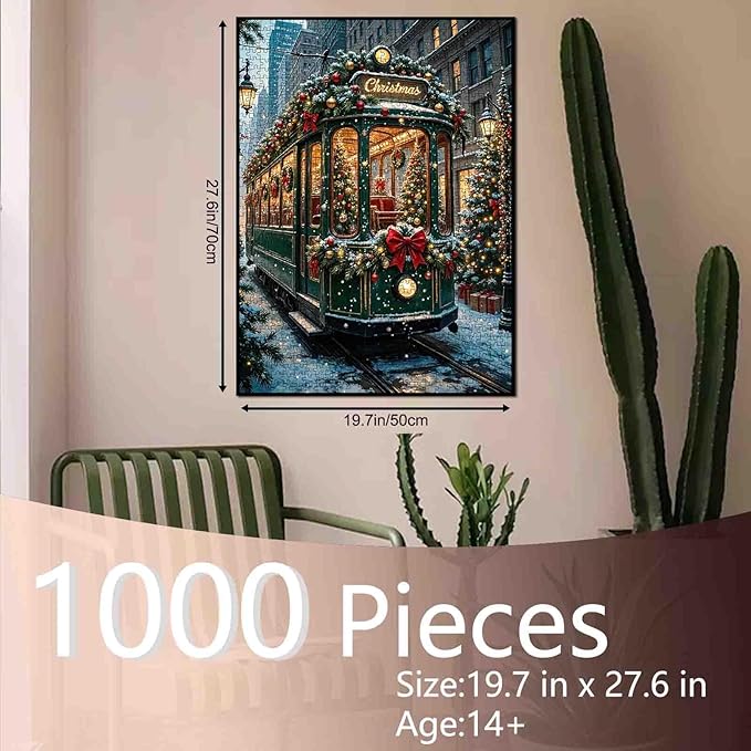 1000 Piece Jigsaw Puzzles for Adult Tram Ride with Xmas Trees Painting Jigsaw Puzzle 1000 Festive Christmas Puzzles 20''x27”inch Cityscape During New Year DIY Puzzle Art Wall Decor Family Challenging