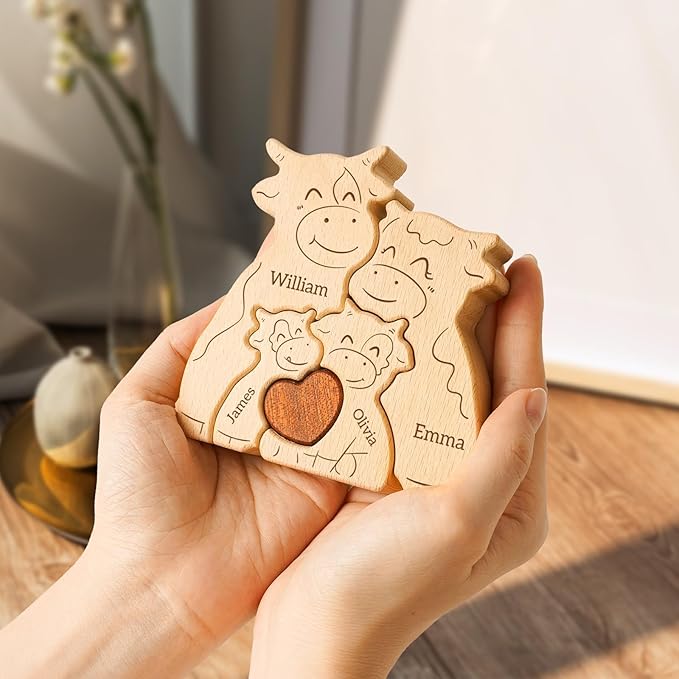 Wooden Cows Family Puzzle, Personalized Puzzles with 2–5 Names, Fathers Day Birthday Personalized Gifts for Mom Dad Kids Teen Boys Girls Grandma, Toddler Men Thanksgiving Gifts