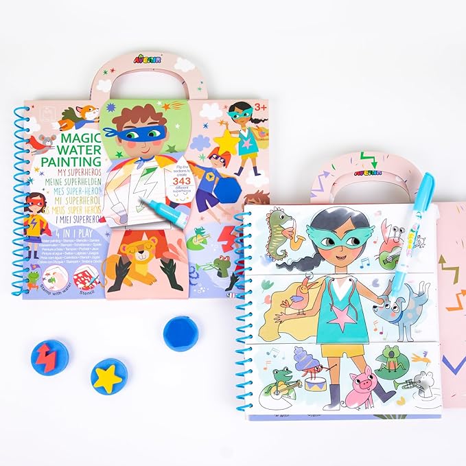 Avenir 4-in-1 Reusable Water Reveal Coloring Books for Toddlers 1-3 & 3-5 | Mess-Free Paint with Water Activity Pad | Portable Travel Road Trip Airplane Educational Creative Set for Kids