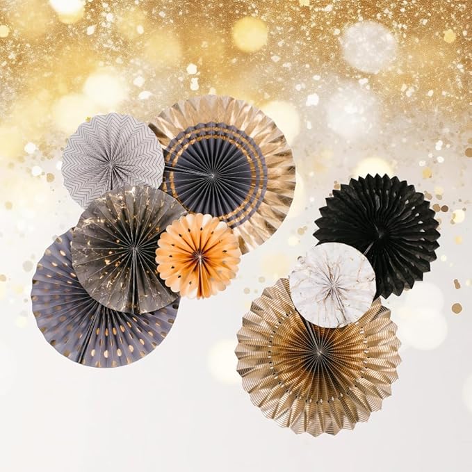 PapaKit Origami Wall Decoration Set (8 Assorted Round Paper Fans) Birthday Party New Year Graduation Events Decor | Creative Art Design Pattern (Charcoal & Gala Blue with Metallic Gold)