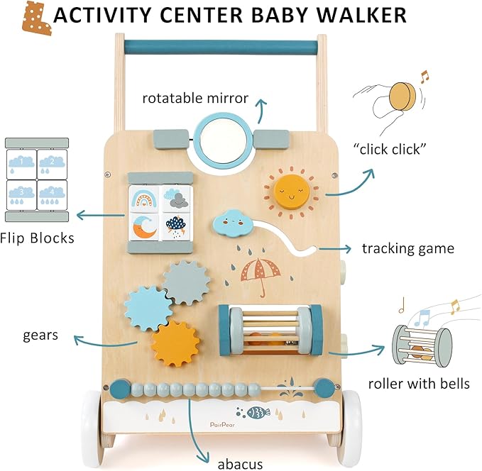 PairPear Wooden Baby Walker, Baby Push Walker, Montessori Walker Toy with Activity Center for Girls Boys, Adjustable Speed Baby Walker for Kids Development
