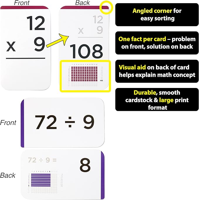 335 Multiplication & Division Flash Cards (Award Winning) 1 Fact Per Card with Visual Aids – All Facts 0–12 + Dice, Games & Charts – Grades 2–6, Homeschool & Classroom Learning