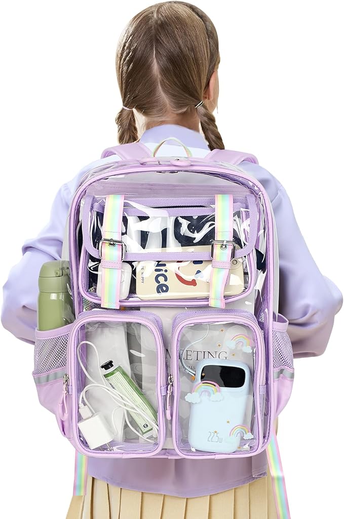 Clear Backpack for School - 17" Transparent Backpacks With Water-Resistant PVC Plastic Material and Ruggedly Reinforced Shoulder Straps, School Bag for Teen Boys Girls Purple