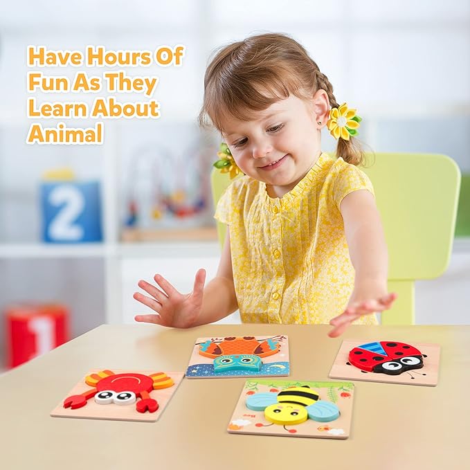 Coogam Wooden Jigsaw Puzzle Set, 6 Pack Animal Shape Color Montessori Toy, Fine Motor Skill Early Learning Preschool Educational Gift Game for Years Old Kids