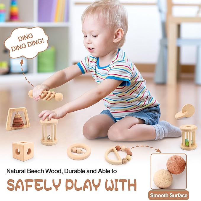Wooden Baby Toys, 8PCS Wood Montessori Toys for Babies 18-36 Months, Wooden Baby Rattles Set for Grasping, Sensory Development and Cognitive Growth, Gift for Infant Girls Boys