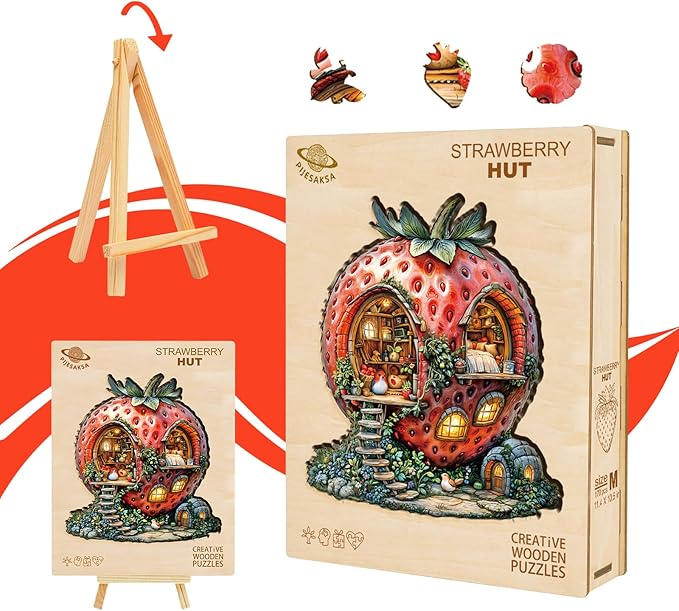Wooden Puzzles for Adults, Strawberry Hut Wooden Jigsaw Puzzle for Adults, Magical Fruits Wood Puzzles Adult, Unique Animal Shape, Fun Gifts for Friends & Family, Home Decor(S-8.5 * 7.8in-100 pcs)