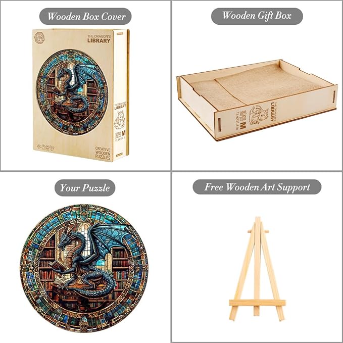 KAAYEE Wooden Puzzles for Adults-Dragon Library Wooden Jigsaw Puzzle Unique Shape Wooden Puzzle Wood Puzzle for Adults,Family Puzzles Gifts (S-8.5 * 8.5in-100pcs)