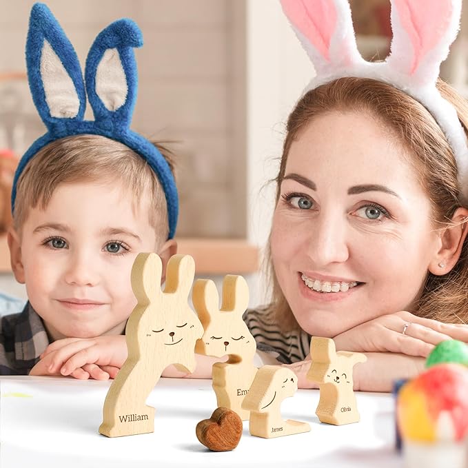 Baby Bunny Family Puzzle, Personalized Wooden Puzzles with 2–5 Names, Rabbit Toys Easter Anniversary Wedding Gifts for Women Men, Easter Decorations Housewarming Gifts for Family Couple