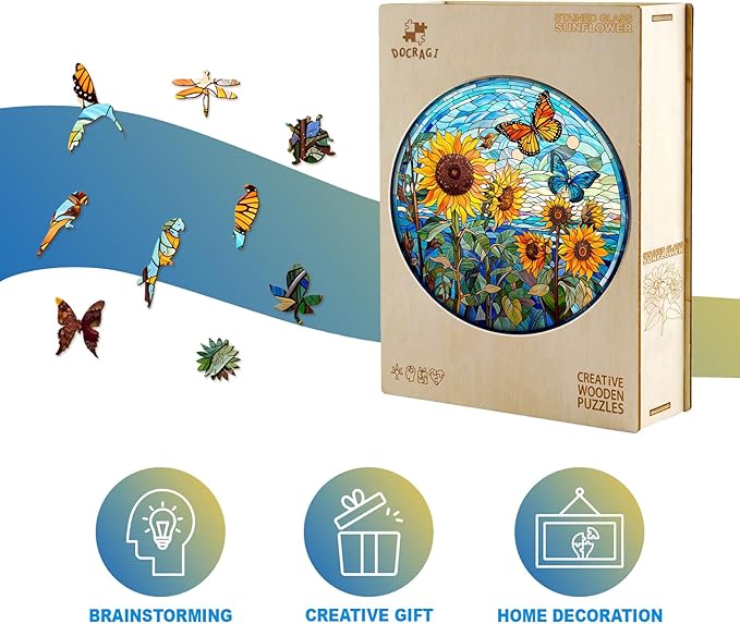 Wooden Puzzles for Adults - Stained Glass Sunflower Wooden Jigsaw Puzzle - Unique Animal Shaped Wood Puzzles Adult - Christmas Birthday Gifts for Adults/Friends/Family - 100pcs 8.5 * 8.5in