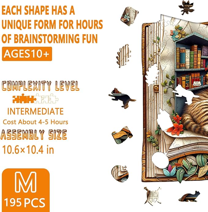 Wooden Puzzles for Adults, Cat in The Book Wooden Jigsaw Puzzle for Adults, Unique Shape Wood Puzzles Adult, Book Lovers Gifts for Teens, Wall Art Home Decor(M-10.6 * 10.4in- 195 Pieces)