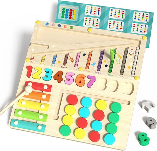 Montessori Learning Toys Busy Board Sensory Toys for Autistic Children, 4-in-1 Wooden Toy with Magnetic Color Number Maze, Xylophone, Sliding Puzzle & Number Match for Kids Ages 3+