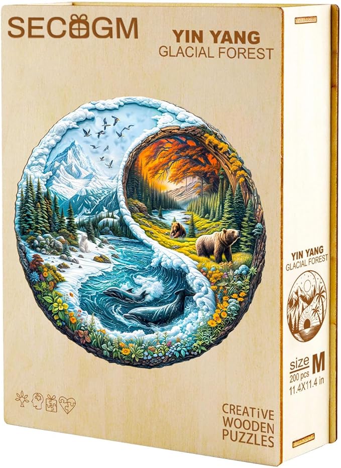 Wooden Puzzles for Adults - Yinyang Glacial Forest Wood Puzzles Adult - Unique Animal Shape Wooden Jigsaw Puzzles for Adults - Birthday Gifts for Puzzle Lovers, Family (8.5 * 8.5in)