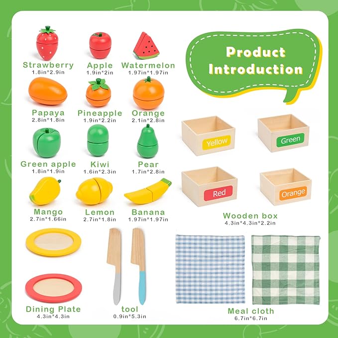 Wooden Play Food Sets for Kids Kitchen Accessories, Velcro Fruit and Veggies Cutting Set for Kids, Pretend Play Food for Toddlers, Montessori Color Sorting Toys for Girls Boys