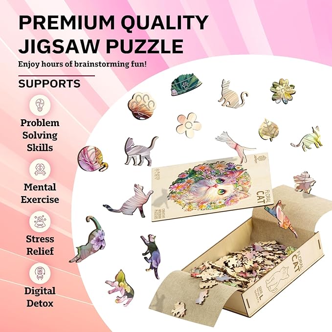 Jigfoxy Wooden Puzzles for Adults, Cat in Flowers Wood Puzzles Adult, Unique Animal Shape Wooden Jigsaw Puzzles for Adults, Birthday Gifts for Puzzle Lovers, Family, Friend (M-11.5 * 11.3in-233pcs)