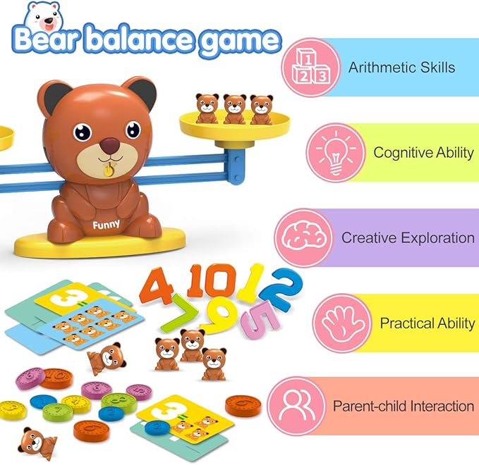 REMOKING Bear Balance Game, Funny Math Counting Toy with Numbers, Little Bears, Game Cards, Coins, Great Gifts for Kids 3 Years and up