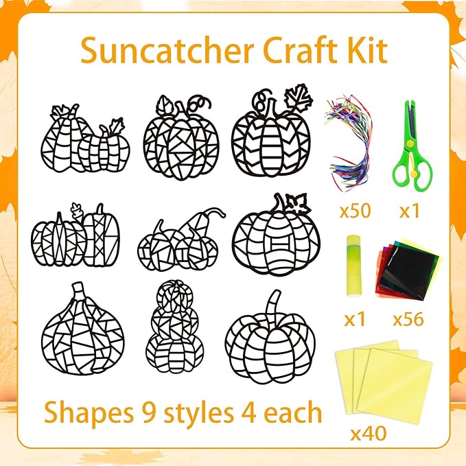 EggSun 36 Sets Fall Halloween Pumpkin Suncatchers Craft for Kids Ornaments Stained Glass Window Arts and Crafts Kit for Thanksgiving Classroom Holiday Projects Home Party Favors Decorations Age 4 8 12