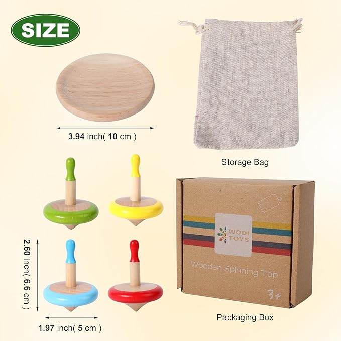 WODI 4PCS Wooden Spinning Tops - Adorable Animal Gyroscope Toys for Toddlers, Safe & Fun Montessori Educational Gift, Fidget Spinner for Kids/Toddlers (#3)