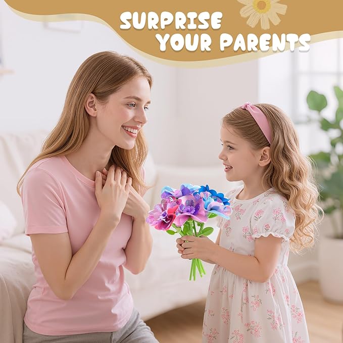 DIY Art Flower Toys Include Extra Accessories Set, Arts and Crafts Activity Kit for Kids Ages 3-12, Fabric Bouquet Craft for Toddler, Birthday Gifts for 3 4 5 6 7 8 9 10 11 12 Year Old Girls