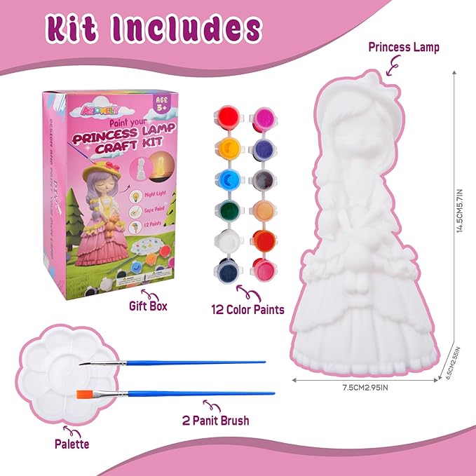 ASIOWELY Paint Your Own Princess Girls Lamp Kits,Arts and Crafts Supplies for Kids Toys Ages 4-6-8,DIY Art Night Light Painting for Girl Ages 5-10,Birthday Gifts for 3-12+ Year Old Toddler Teens Adult