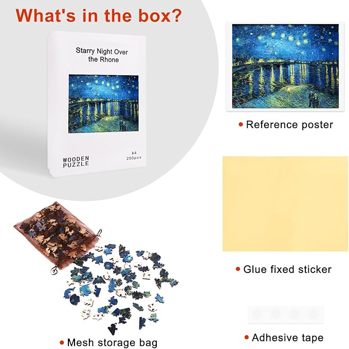 Wooden Jigsaw Puzzles, Wooden Puzzles for Adults, Starry Night Over The Rhone Unique Shape Wood Puzzles, 200 Pcs, Vincent Van Gogh Star Wall Art Decoration for Home