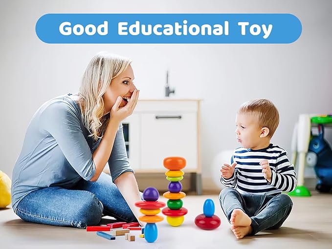 WODI Wooden Rainbow Stacking Stones 10Pcs Multi-Style Wood Sorting Balancing Rocks Blocks Montessori Educational Toys for Toddler Kids 3 Years Up Developing Skills