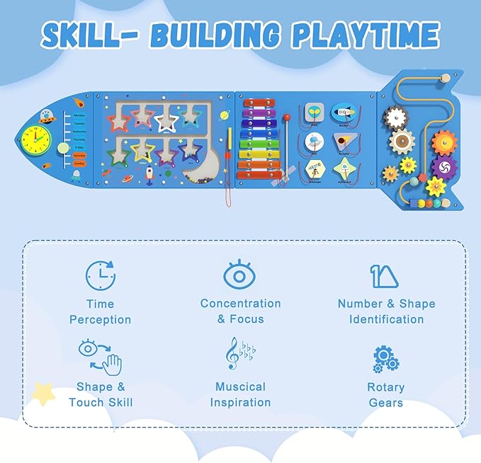 Montessori Busy Board - Blue Rocket Activity Wall Panels, Wall Toys for Toddlers 3+, Sensory Panels for Kids, Wooden Activity Cubes, Playroom Daycare Toys, Toddler Sensory Board (4PCS)