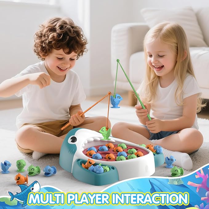 Musical Shark Fishing Game for Kids, 360° Rotating Board, 20 Fish with 3 Rods,Hook Fishing Set for Toddlers，Educational, Fine Motor Skill Activity for Boys and Girls