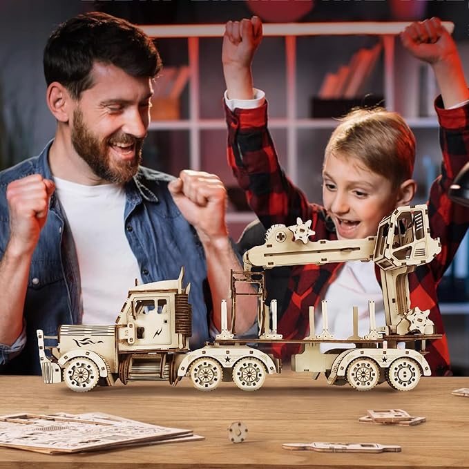 3D Wooden Puzzle Crane Truck for Adults, Large Timber Truck Logging Truck with Loading Crane, Mechanical Engineering DIY Wooden Models, Unique Gift for Kids Birthday Christmas (Crane Truck LG)