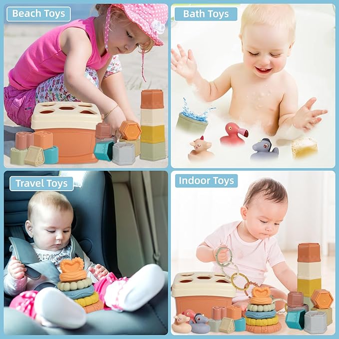 Shape Sorters Baby Toys 5 in 1 Montessori Toy for 6-48 Months Stacking Cups,Rings Toy Links,Soft Stacking Rings,Blocks Set,Soft Animals Toys Shape Sorters for Toddlers 1-3